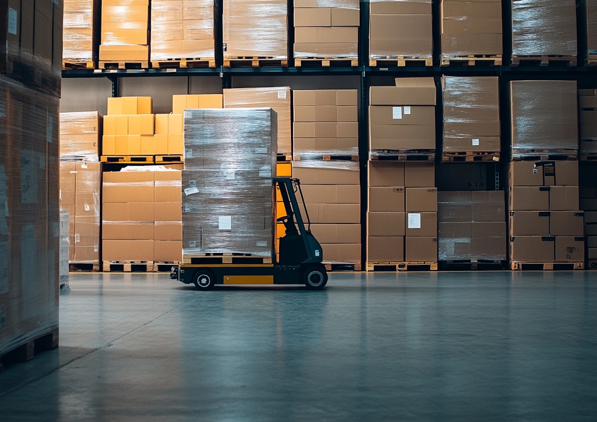 Warehouse worker operating a forklift among stacked pallets