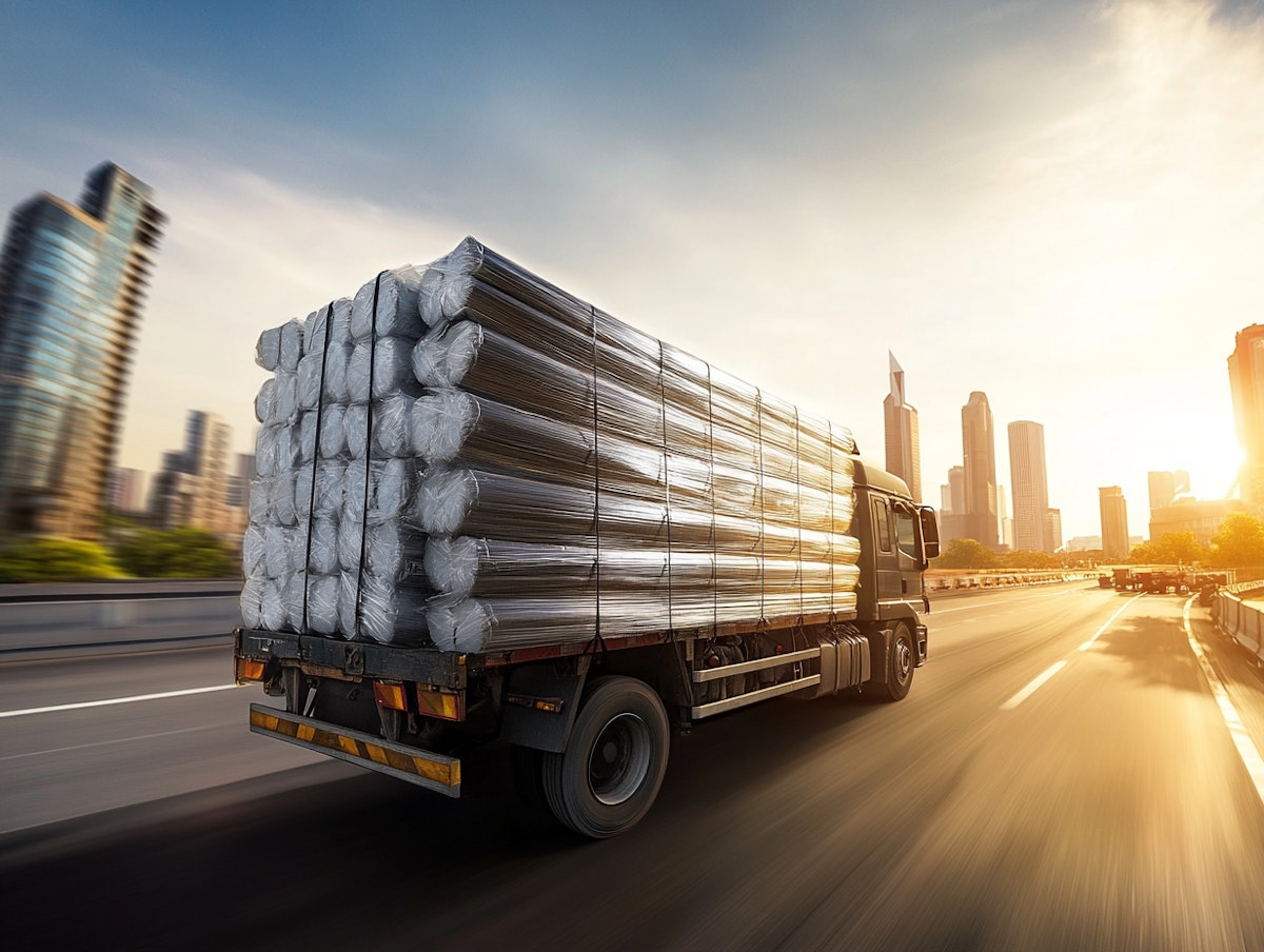 Loaded freight truck on the highway at sunrise